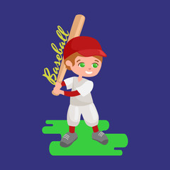 Happy boy playing baseball, kids sport, childrens activity vector illustration
