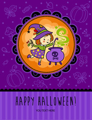 Halloween vector card with funny witch is cooking something poisonous in her cauldron.