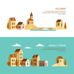 Village. Small town. Rural and urban landscape. Vector illustration.