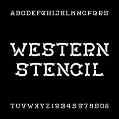 Western stencil alphabet vector font. Vintage type letters and numbers. Vector font for labels, headlines, posters etc.