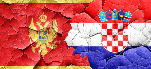 Montenegro flag with Croatia flag on a grunge cracked wall