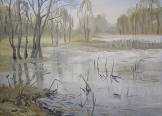 Oil painting.Landscape. The spring flood