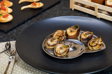 Prepared snails with garlic and parsley in black plate