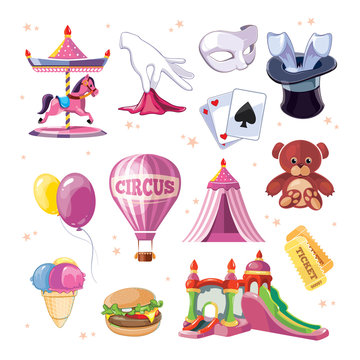 Circus entertainment icons set. Flat style design. Vector illustration.