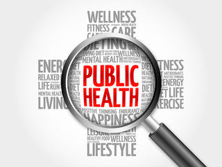 Public Health word cloud with magnifying glass, health cross concept 3D illustration