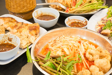 Set of papaya spicy salad meal