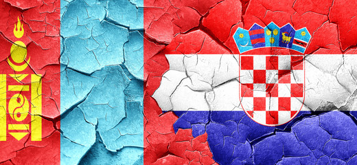 Mongolia flag with Croatia flag on a grunge cracked wall