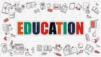 Education. Multicolor Inscription on White Brick Wall with Doodle Icons Around. Education Concept. Modern Style Illustration with Doodle Design Icons. Education on White Brickwall Background.
