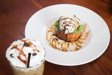 Honey toast with banana and ice coffee