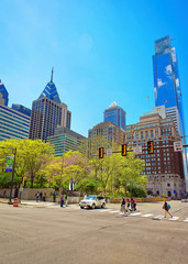 JFK boulevard and Penn Center with skyscrapers