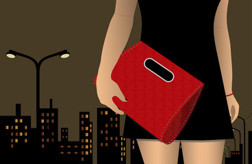 figure of a girl in a dress with a bag on background of the city
