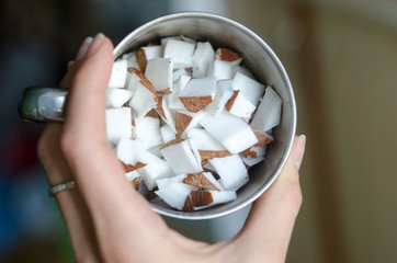 Coconut cubes in a bowl
