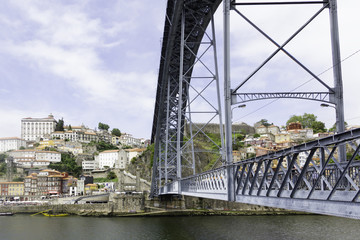 Ancient city Porto,metallic Dom Luis bridge
