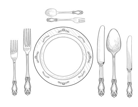 Table setting set. Fork, Knife, Spoon sketch set. Cutlery hand drawing collection. Catering engraved vector illustration. Restaurant service. Banquet still life