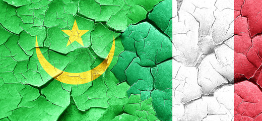 Mauritania flag with Italy flag on a grunge cracked wall