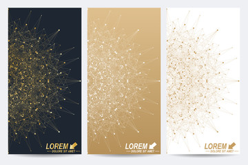 Modern set of vector flyers. Molecule and communication background. Geometric abstract round golden forms. Connected line with dots. Graphic composition for medicine, science, technology, chemistry.