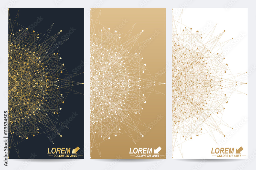 Poster modern set of vector flyers. molecule and communication background. geometric abstract round golden 