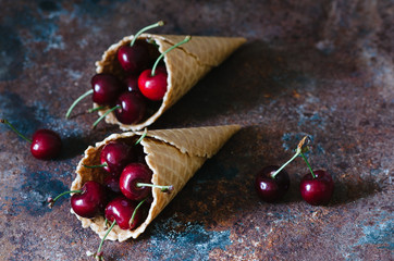 Cherries in waffle cone