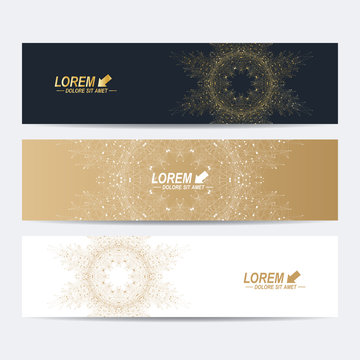 Geometric abstract banner with golden mandala. Connected line, dots. Molecule and communication background for medicine, science, technology, chemistry