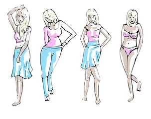Foto op Plexiglas vier dames - illustratie kleding ontwerp © emieldelange