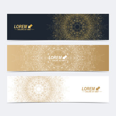 Geometric abstract banner with golden mandala. Connected line, dots. Molecule and communication background for medicine, science, technology, chemistry