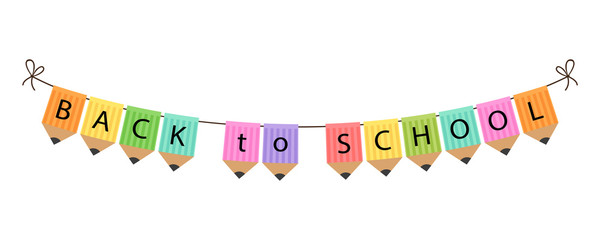 Cute multicolored bunting flags with words Back to School isolated on white background