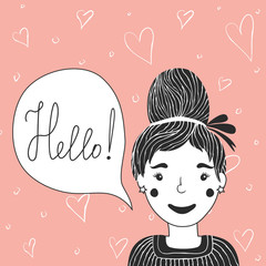 Vector illustration with smiley face hand drawn girl and hearts