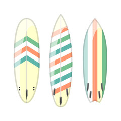 Vector set of decorated colorful surfboards. Different shapes and types isolated on white background. Surfboard prints design collection.
