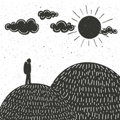 Vector illustration of man silhouette, mountains, clouds and sun.