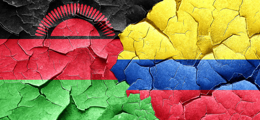 Malawi flag with Colombia flag on a grunge cracked wall