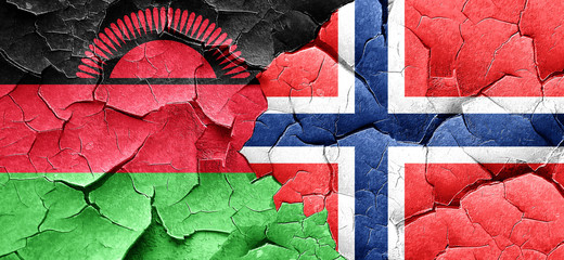 Malawi flag with Norway flag on a grunge cracked wall