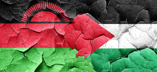 Malawi flag with Palestine flag on a grunge cracked wall