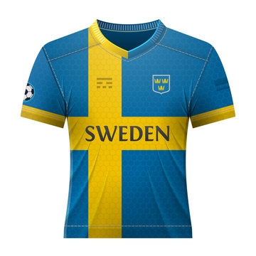 Soccer shirt in colors of swedish flag. National jersey for football team of Sweden. Qualitative vector illustration about soccer, sport game, football, championship, national team, gameplay, etc