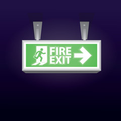 Emergency fire exit sign glowing in the dark.Vector design.