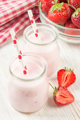Strawberry milkshake in the glass jar
