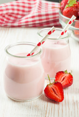 Strawberry milkshake in the glass jar