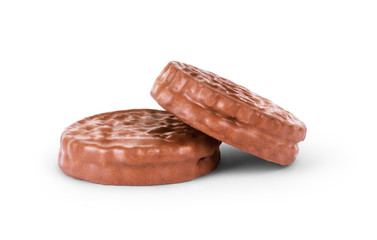 two chocolate cookies against white background