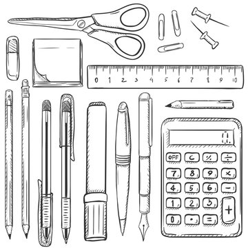Big Vector Set of Sketch Stationery Items.
