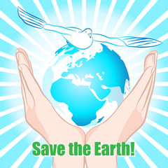 Flying doves on the background of the earth. Hands is holding small earth. Vector illustration.