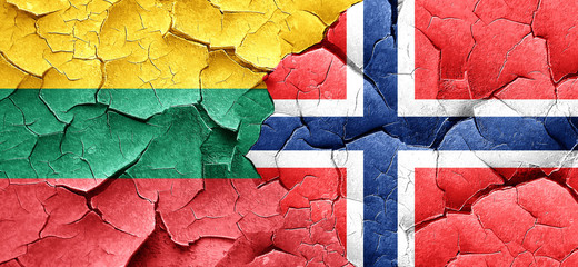 Lithuania flag with Norway flag on a grunge cracked wall