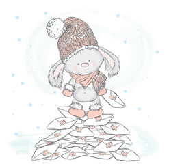 Cute hare standing on a pile of letters. Vector illustration for greeting card, poster, or print on clothes. Cute rabbit in a hat and boots.