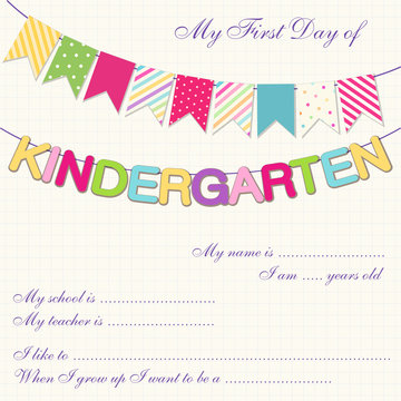 Cute First Day Of Kindergarten Interview Card With Bright Festive Buntings