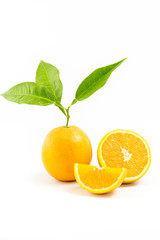 Fresh orange isolated with leafs and Orange Slices on white back