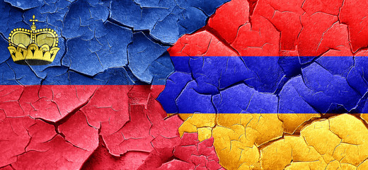 Liechtenstein flag with Armenia flag on a grunge cracked wall