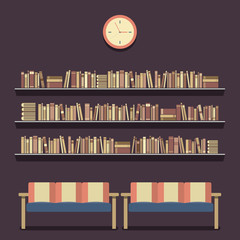 Flat Design Reading Seats and Bookshelves Vector Illustration.