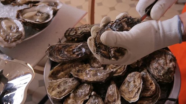 Chef opens oysters for visitors to the restaurant.