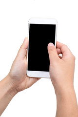 Hand holding mobile phone isolated on white background