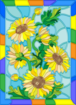 Illustration in stained glass style with flowers, buds and leaves of sunflowers