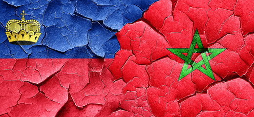 Liechtenstein flag with Morocco flag on a grunge cracked wall