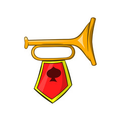 Golden trumpet with a red flag icon, cartoon style